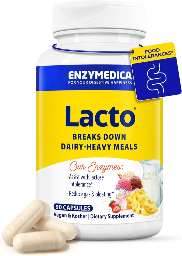 Enzymedica Lacto, Píldoras avanzadas de lactancia para el soporte lácteo, ayuda a romper la lactosa, Casein &amp; Fat, píldoras de alivio lácteo, Vegan, 90 cápsulas