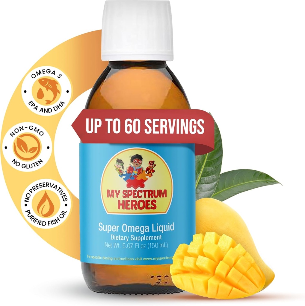 My Spectrum Heroes Fish Oil Supplement for Children - Omega 3 for Neural Assistance, Inflammation &amp; Immune Aid - EPA & DHA for Brain & Eye Health - Kids &amp; Adult Liquid Supplement - 5.07oz (150ml)