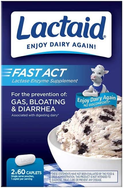 Lactaid Fast Act Lactose Intolerance Caplets, 120 Cuenta Prevención de la Diarrea de Blot de Gas