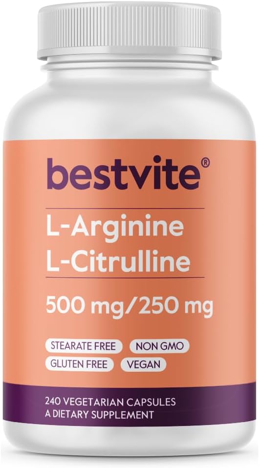 BESTVITE L-Arginine L-Citrulline 500mg / 250mg Vegan (240 cápsulas vegetarianas) - Sin estearatos - sin fosfato de dicalcium - Non GMO - Gluten Free