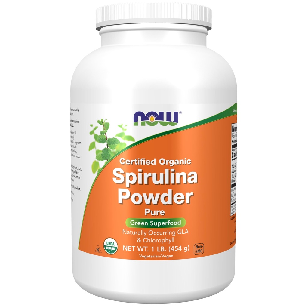 AHORA Suplementos Alimentarios, Orgánica Certificada, Polvo Espirulina, Rico en Beta-Caroteno (Vitamin A) y B-12 con Clorofila GLA natural, 1- libras