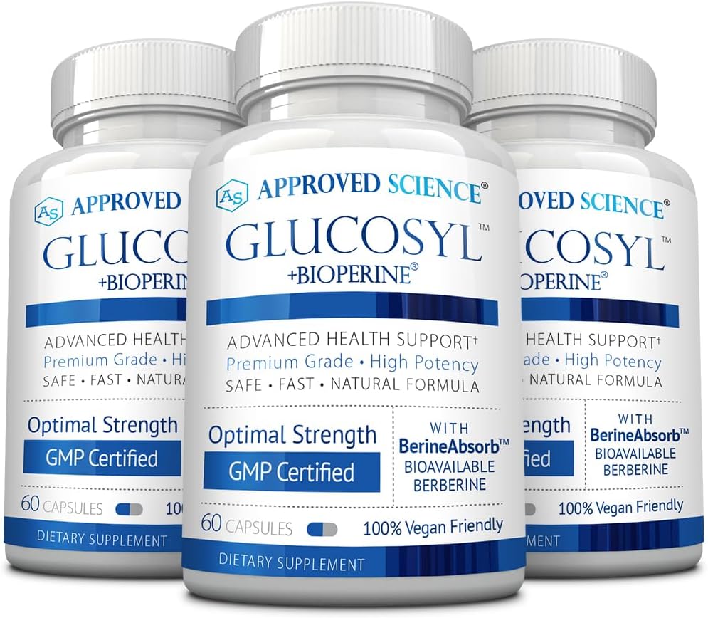 Glucosil de ciencia aprobado Suplemento - 250 mg Berberina, Mulberry, Aqueous Cinnamon - 60 cápsulas vegano - Pack de 3