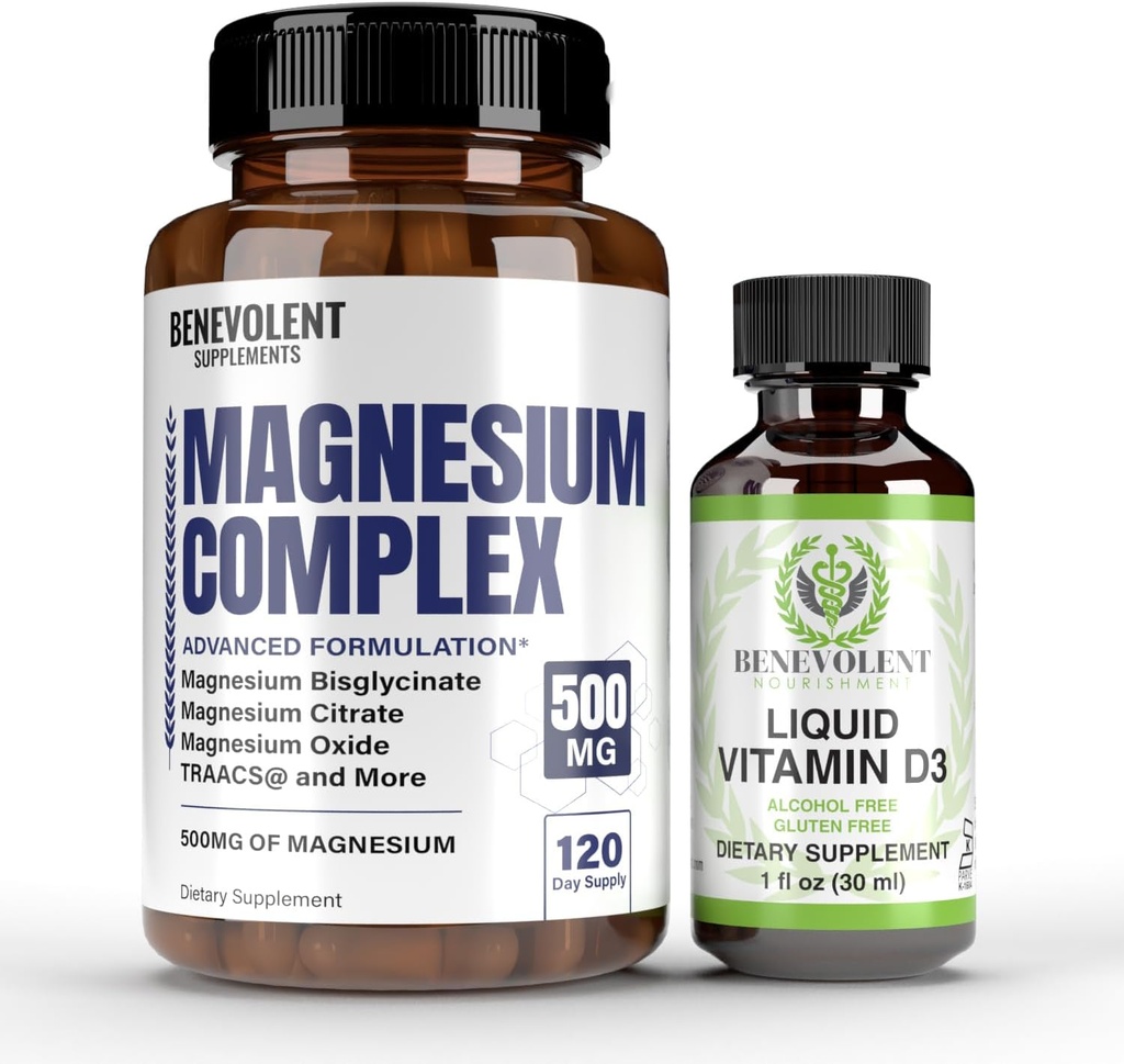 Complejo de Magnesio con 5 mejores formas " Vitamina Líquida D3 5000 U U Bundle - 4 meses de suministro de 500 mg Magnesium Glycinate, Oxide, Taurate, Chelate, Magnesium Citrate - Sleep &amp; Immune Support