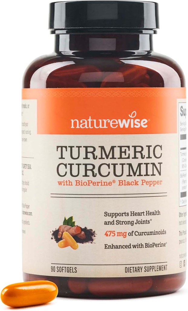 NatureWise Turmeric Curcumin 500mg con Black Pepper Softgels - Extra Strength, Ausorción Mejorada - 95% Curcuminoides " BioPerine for Immune Support - Gluten-Free, Non-GMO - 90 Count[3-Month Supply]