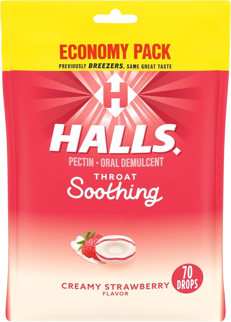 HALLS Throat Soothing (Previously HALLS Breezers) Creamy Strawberry Throat Drops, Economy Pack, 70 Drops