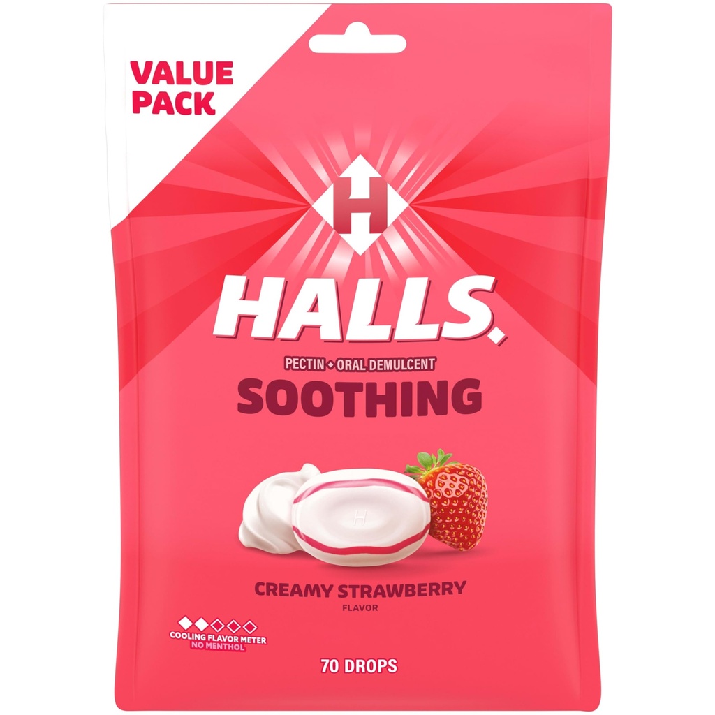 HALLS Throat Soothing Creamy Strawberry Throat Drops, 70 Drops
