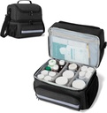 CURMIO Bolsa de almacenamiento de medicamentos, doble capa Organizador de botellas con divisores internos para medicamentos, vitaminas, botellas de prescripción, suministros médicos, negro (diseño de patentes)