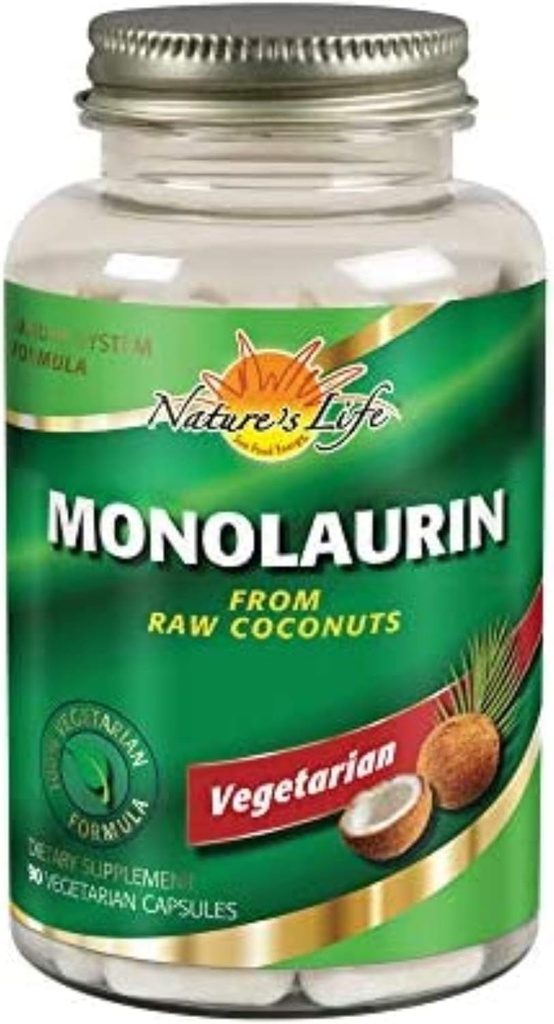 Monolaurin de vida de la naturaleza 1000 mg, Monolaurin nutritivo de coco natural crudo, Suplemento de apoyo inmunitario, Gut Health, Balanced Gut Flora, Garantía de 60 días, 45 Servimientos, 90 cápsulas vegetarianas