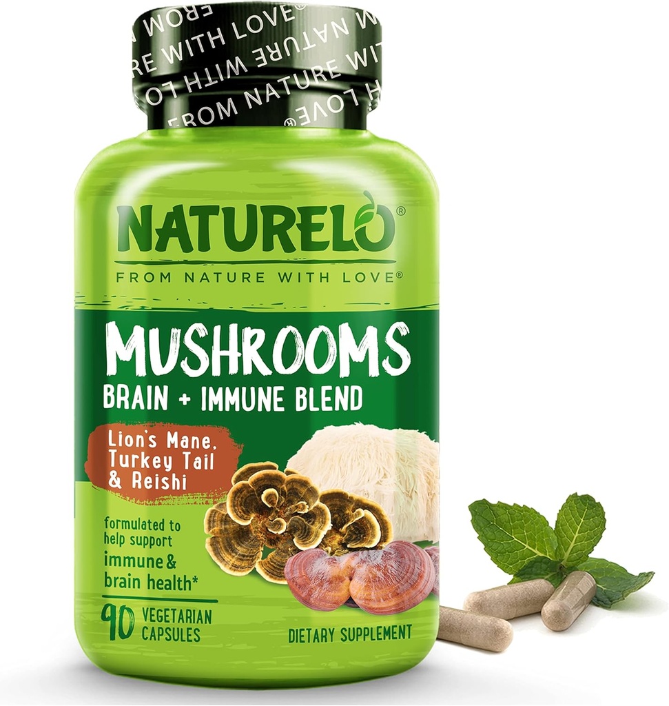 NATURELO Mushroom Suplemento Cerebro &amp; Immune Health Blend with Lion s Mane, Reishi, Turquía Tail 90 Vegan Friendly Capsules