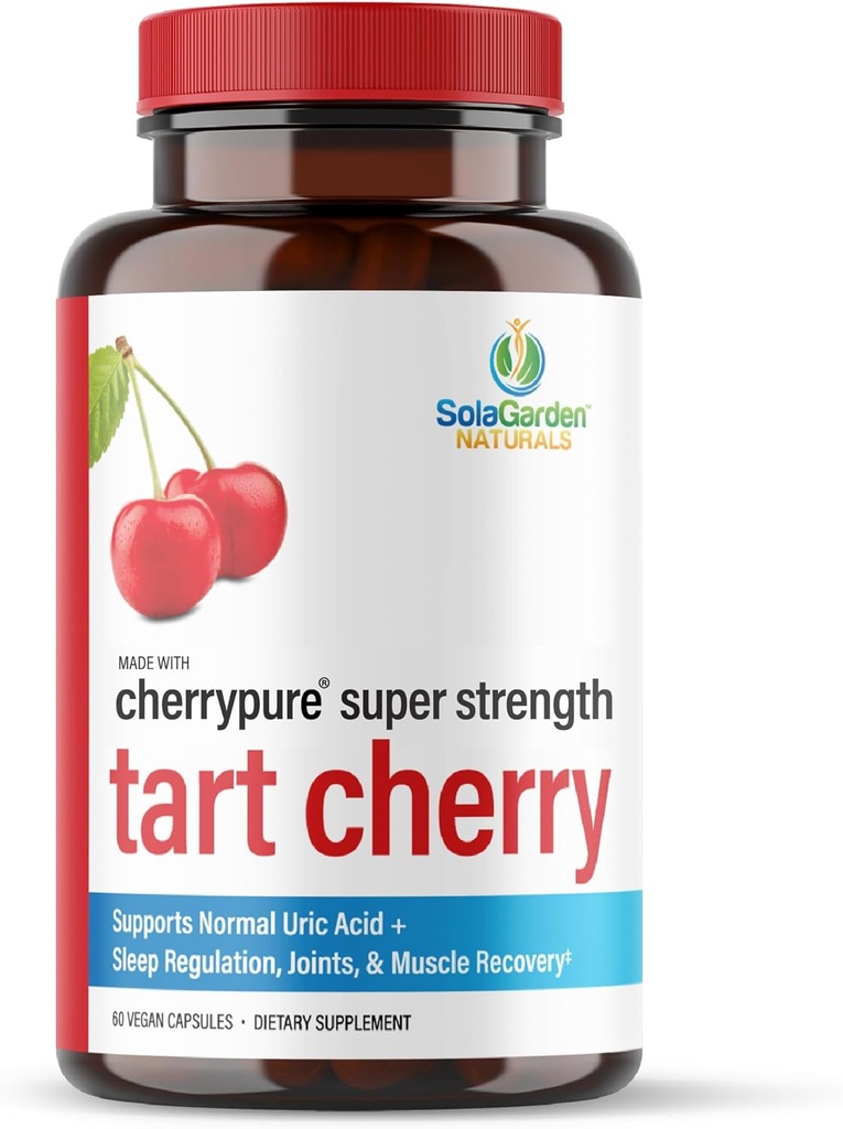 Super Strength CherryPURE Tart Cherry Suplemento – 50:1 Concentrate Grown in The USA - Made with Non GMO Montmorency Cherries – by SolaGarden Naturals. 60 Cápsulas Veggie no GMO.