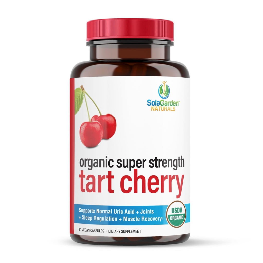 Super Strength CherryPURE Tart Cherry Suplemento – 50:1 Concentrate Grown in The USA - Made with Non GMO Montmorency Cherries – by SolaGarden Naturals. 60 Cápsulas Veggie no GMO.