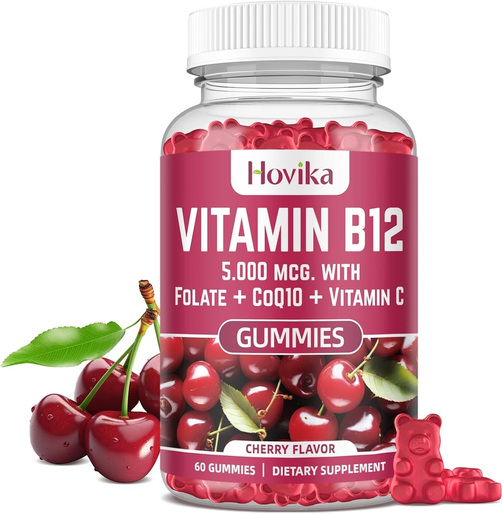 Vitamina B12 Complejo 5000 mcg Metil B12, Adenosyl B12 & Hydroxy B12, con Coenzyme Q10, Folate, Vitamina C, Chewable B 12 para soporte energético, metabolismo, salud ósea - sabor cereza