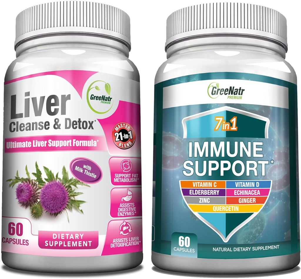 GreeNatr Amplio Immune y Liver Health Support Blend - 7-in-1 Immune Support Supplement with Vitamin C, Vitamin D3, Zinc and Liver Cleanse Detox & Repair Formula