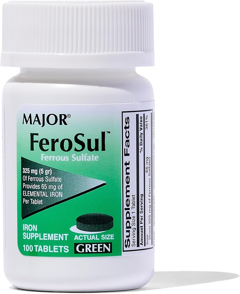Mayor Ferosul - Sulfato ferroso 325mg Tablas con 65 mg de hierro elemental - Suplemento de hierro para mujeres, hombres - verde - 100 condes