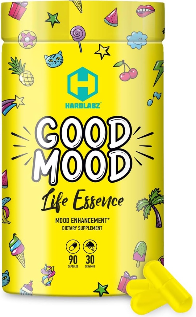 HARDLABZ Buen Mood - Todo Nootrópico Natural con Mane Mushroom de León y Extractos Herbales para el apoyo cognitivo y mental - Rescate del estrés, rendimiento cerebral, mejora del humor, 90 cápsulas