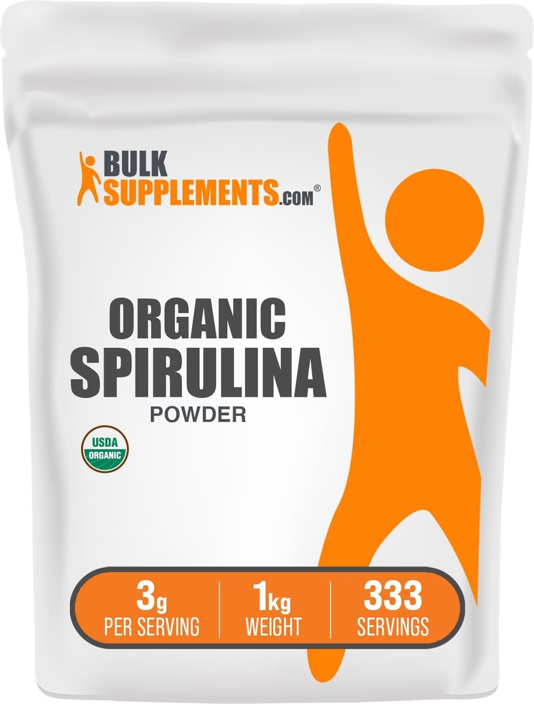 BulkSupplements.com Organic Spirulina Powder - Superfood, Green Spirulina Powder, Herbal Supplement - Vegan-Friendly, 3g per Serving, 1kg (2.2 lbs) (Pack of 1)