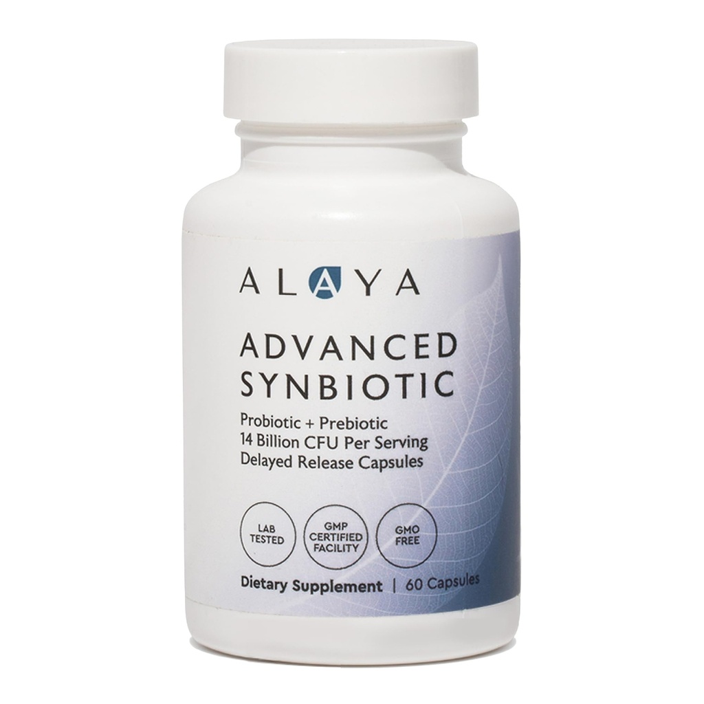 Alaya Naturals Advanced Synbiotic - Probiotic + Prebiotic - 14 Billion CFU Delayed Release Probiotic Supplement with Prebiotics from Sunfiber®, and L-glutamine for Gut Lining Integrity - 60 Capsules
