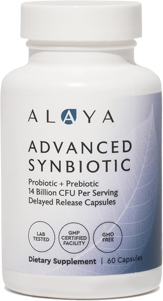 Alaya Naturals Advanced Synbiotic - Probiotic + Prebiotic - 14 Billion CFU Delayed Release Probiotic Supplement with Prebiotics from Sunfiber®, and L-glutamine for Gut Lining Integrity - 60 Capsules