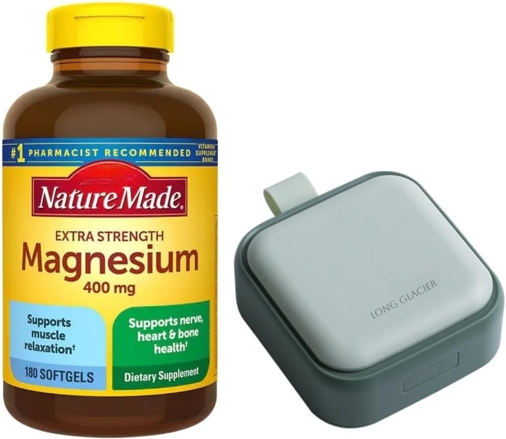Nature Mades Magnesium 400 mg Extra Strength 180 Softgels, 180 Días de Suministro TENIDO Apoyos Relajación muscular, Nerve, Bone y Corazón Salud ANTE Bunde with LONG GLACIER Pill Oragnizer, Green