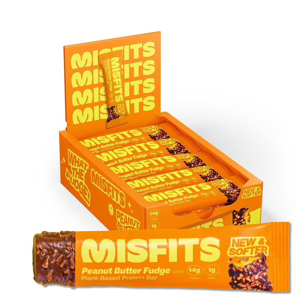 Misfits Vegan Protein Bares, Peanut Butter Fudge - Actualizado Recipe ¦ Plant Based, Low Sugar & Carb, High Fiber Snacks ¦ Pack of 15