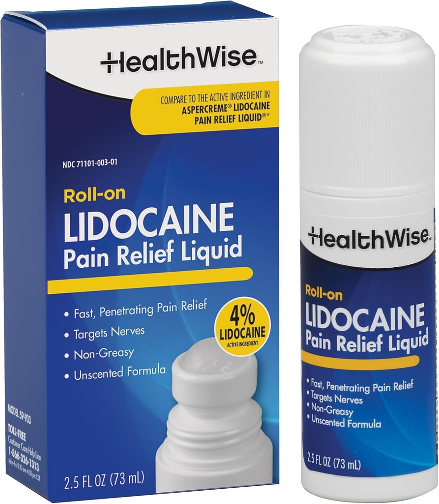 HealthWise 4% Lidocaine Roll-On TEN OTC Strength TENIDO Pain Relief Liquid TENIDO 2.5 oz. 73 mL ANTE No-Greasy, Fórmula no perseguida
