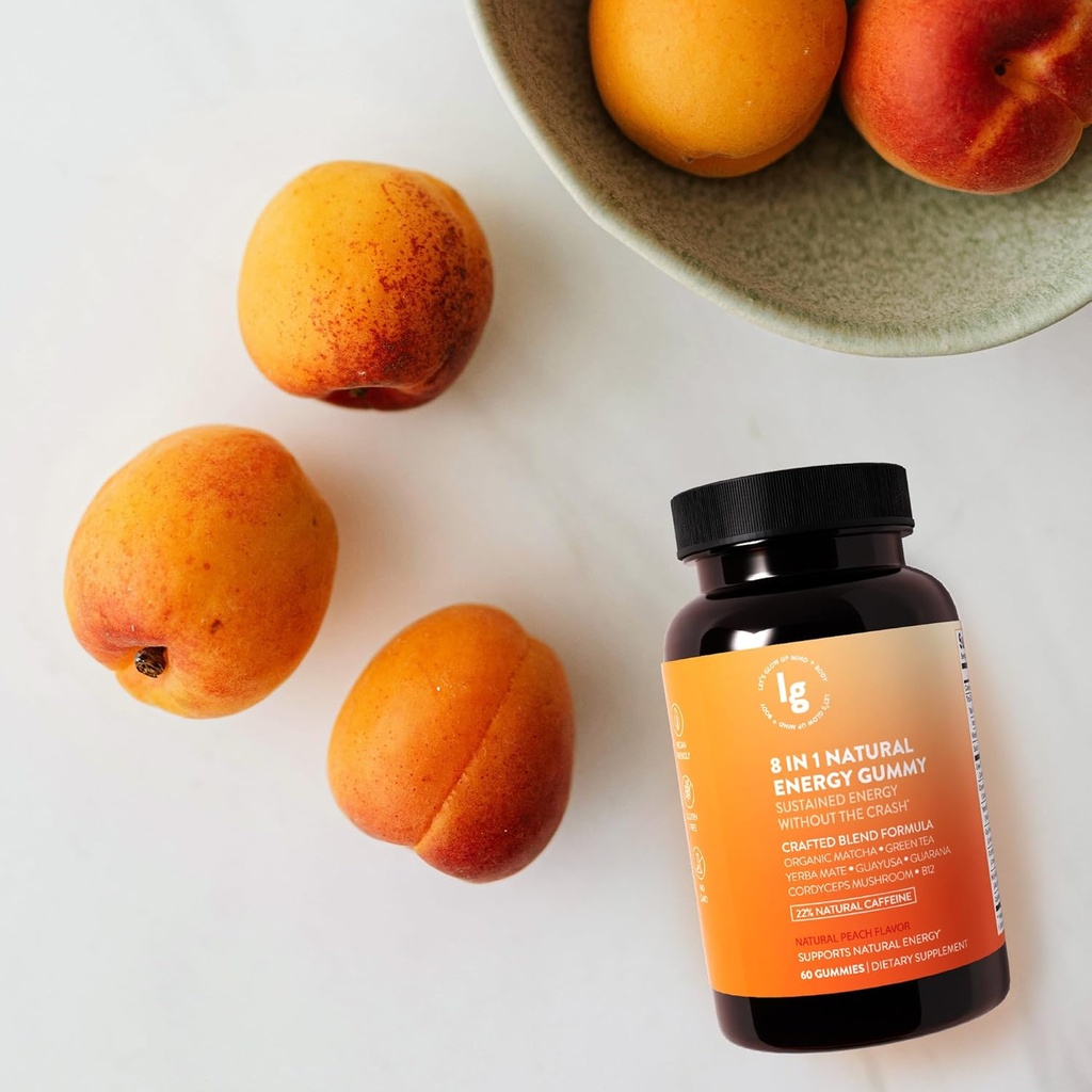 8-en-1 Gummies de energía natural – Vitamina B12, C, Caffeine, Multivitamínico + Apoyo al sueño " – Vacas de energía vegana para hombres y mujeres – Peach Flavor – 60 Ct