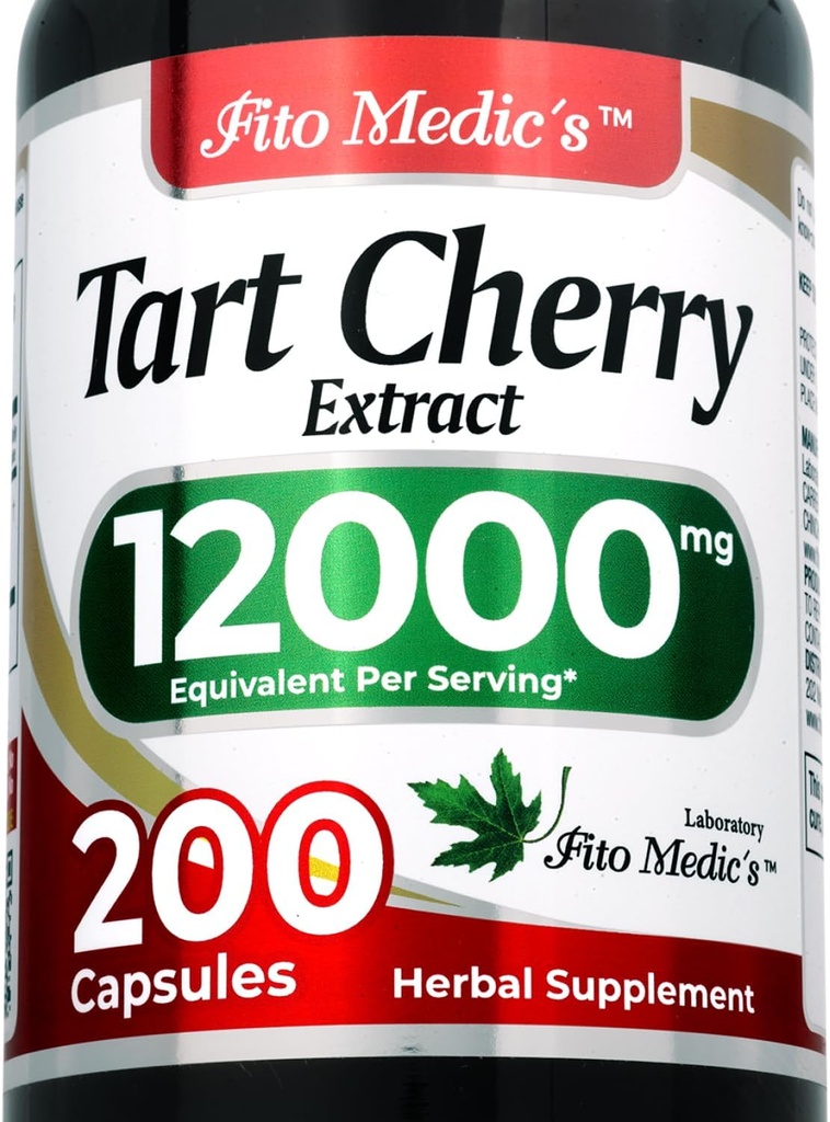 FITO MEDIC'S Lab ← Tart Cherry Capsules ←200 cápsulas TEN12000 mg ANTE Tart Cherry Extract ¦ Cherry Extract ← Concentrate Extract TENUltra high Absorption.