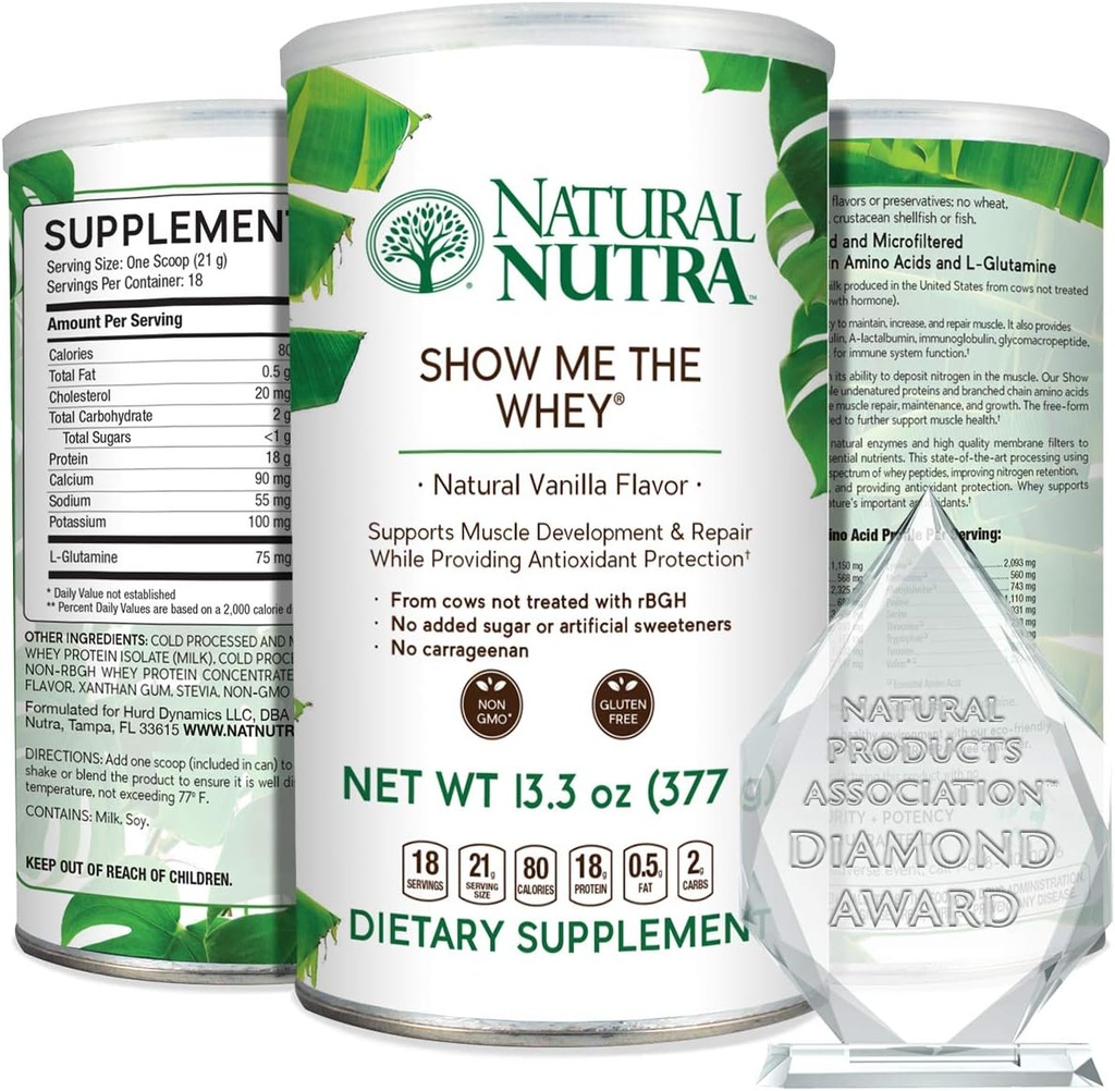 Natural Nutra Grass Fed Vanilla Show Me The Whey Protein Source Powder Enhance Digestion, Improve Body Fluid Flow, Support Bone Health and Boost Immunity, Gluten Free, Sugar-Free, Non-GMO, 13.3oz