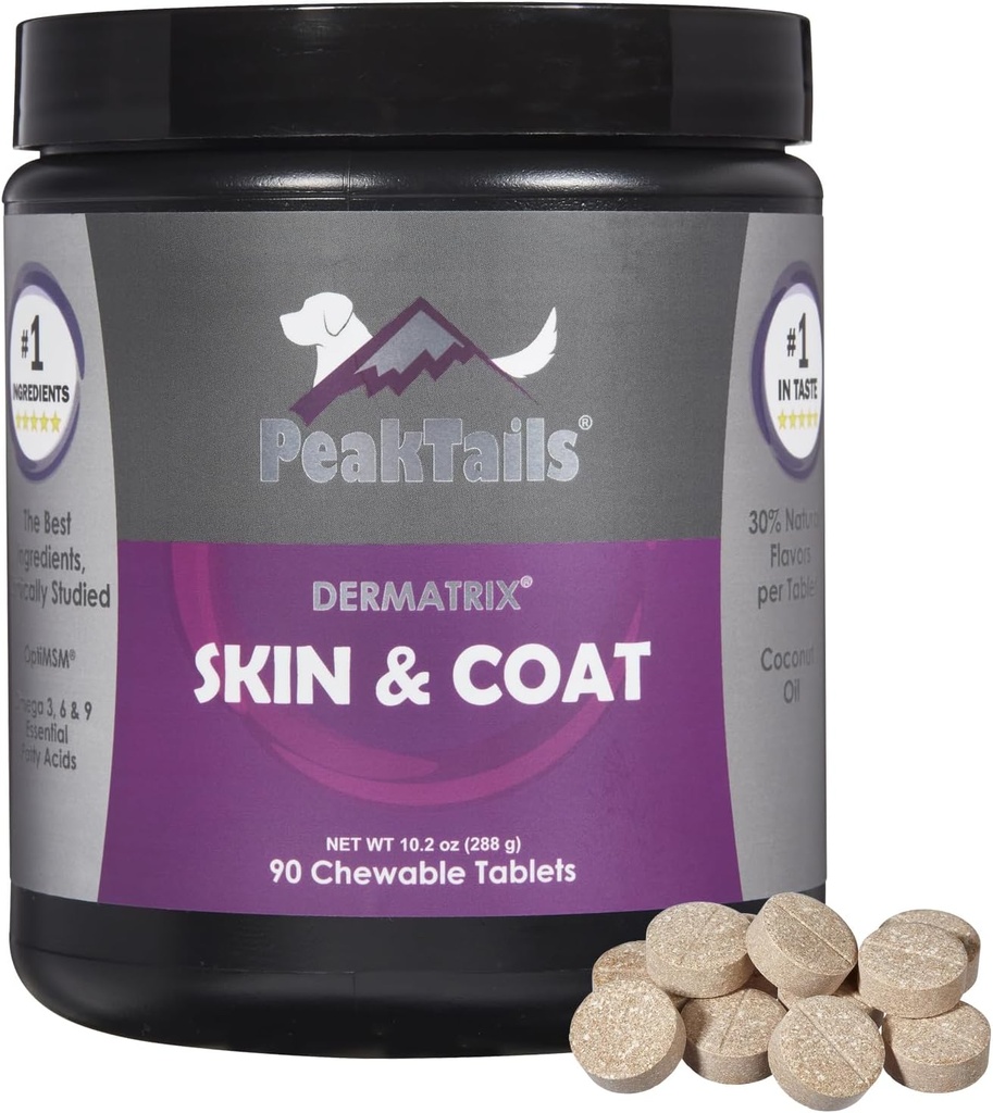 Kala Health PeakTails Skin &amp; Coat Support for Dogs – 90 Chewable Tablets with MSM, Fish Oil, Omega-3 &amp; Omega-6 – Supports Healthy Skin, Shiny Coat