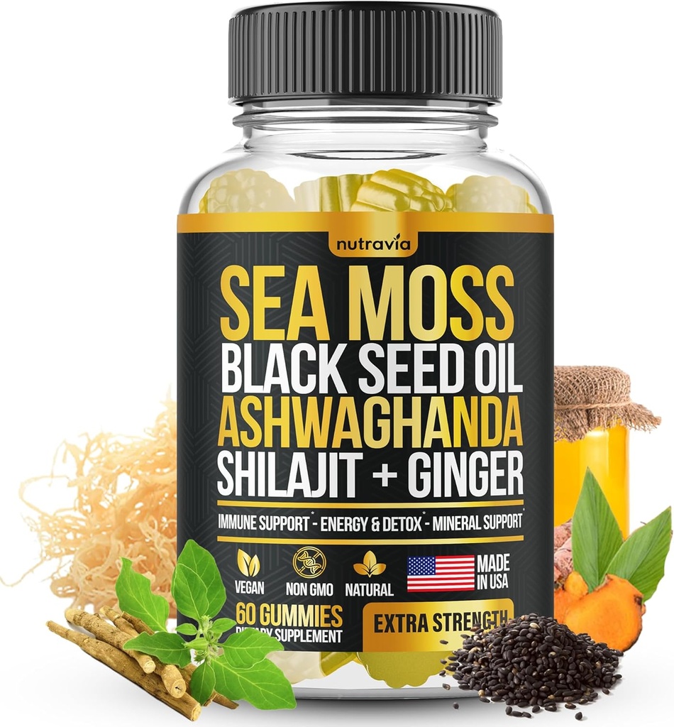 Sea Moss, Black Seed Oil, Ashwagandha, Ginger, Shilajit Gummies with Elderberry, Chlorophyll, Turmeric Bladderwrack Sea Moss Advanced Strength Formula - All in 1 Bundle - USA Made (60 Gummies)