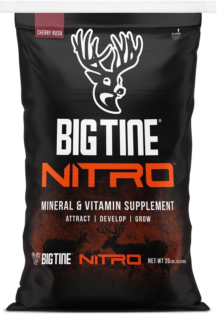Big Tine Nitro, Suplemento de ciervos, bolsa de 20 libras, aroma de cereza, aroma potente y duradero, alta biodisponibilidad, empaquetado con vitaminas y minerales