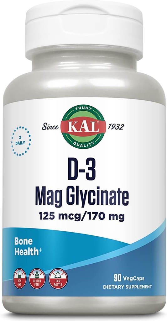 KAL Vitamina D3 &amp; Magnesium Glycinate, Enhanced Absorption Formula with BioPerine, Muscle & Bone Health Support, Immune Support &amp; More, Non-GMO, Gluten Free, 45 Servings, 90 VegCaps