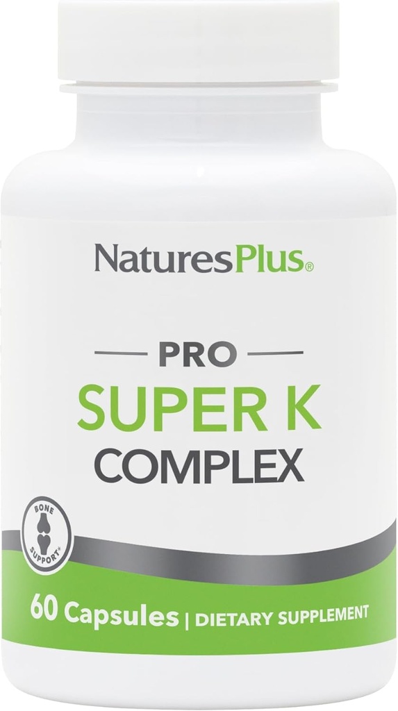 NaturesPlus PRO Super K Complejo - 60 cápsulas - promueve el metabolismo del calcio saludable - Incluye vitaminas K1 &amp; K2 - No GMO, Vegan &amp; Gluten Gratis - 60 piezas