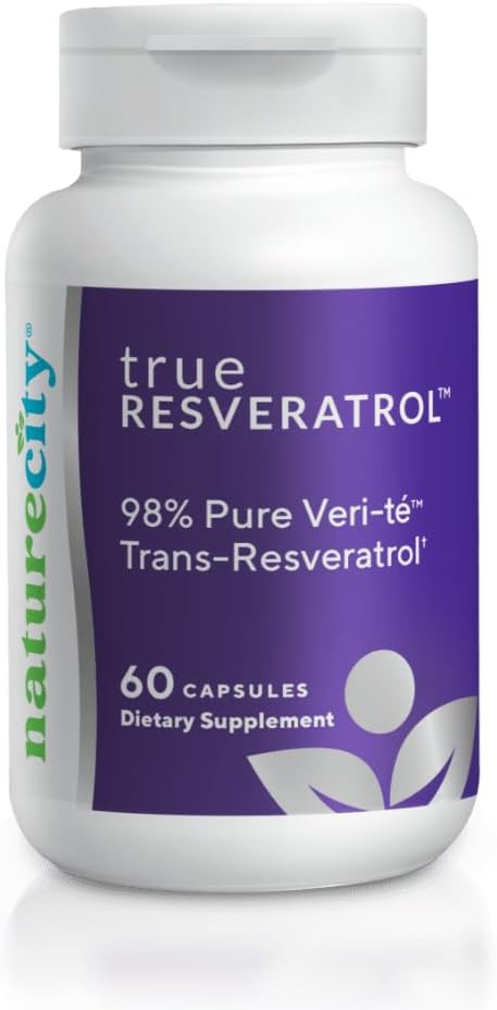 NatureCity TrueResveratrol – Resveratrol Supplement " Anti-Aging Support with 75mg Trans-Resveratrol (98% Pure Veri-te) for Heart, Immune, Bone " Cognitive Health tención 60 Veggie Capsules