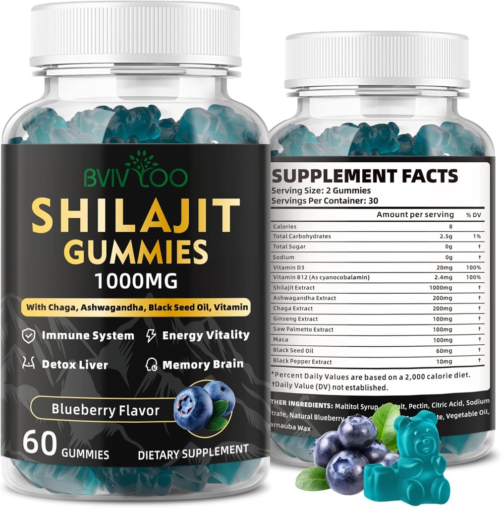 Shilajit Gummies for Men & Women - Sugar-Free Shilajit Supplement Rich in 85+ Trace Minerals & Fulvic Acid, Providing Energy, Brain, and Immunity Support - 60 Gummies