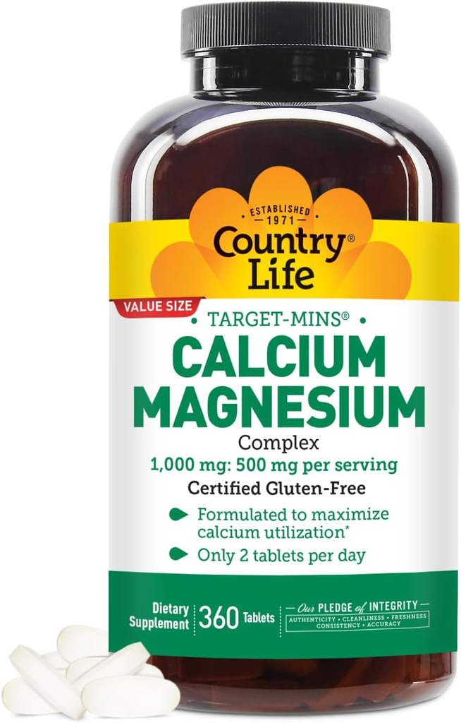 Country Life Target-Mins Calcium Magnesium Supplement for Bone Health, 1000mg Calcium, 500mg Magnesium, Gluten Free, 2:1 Ratio for Optimal Utilization