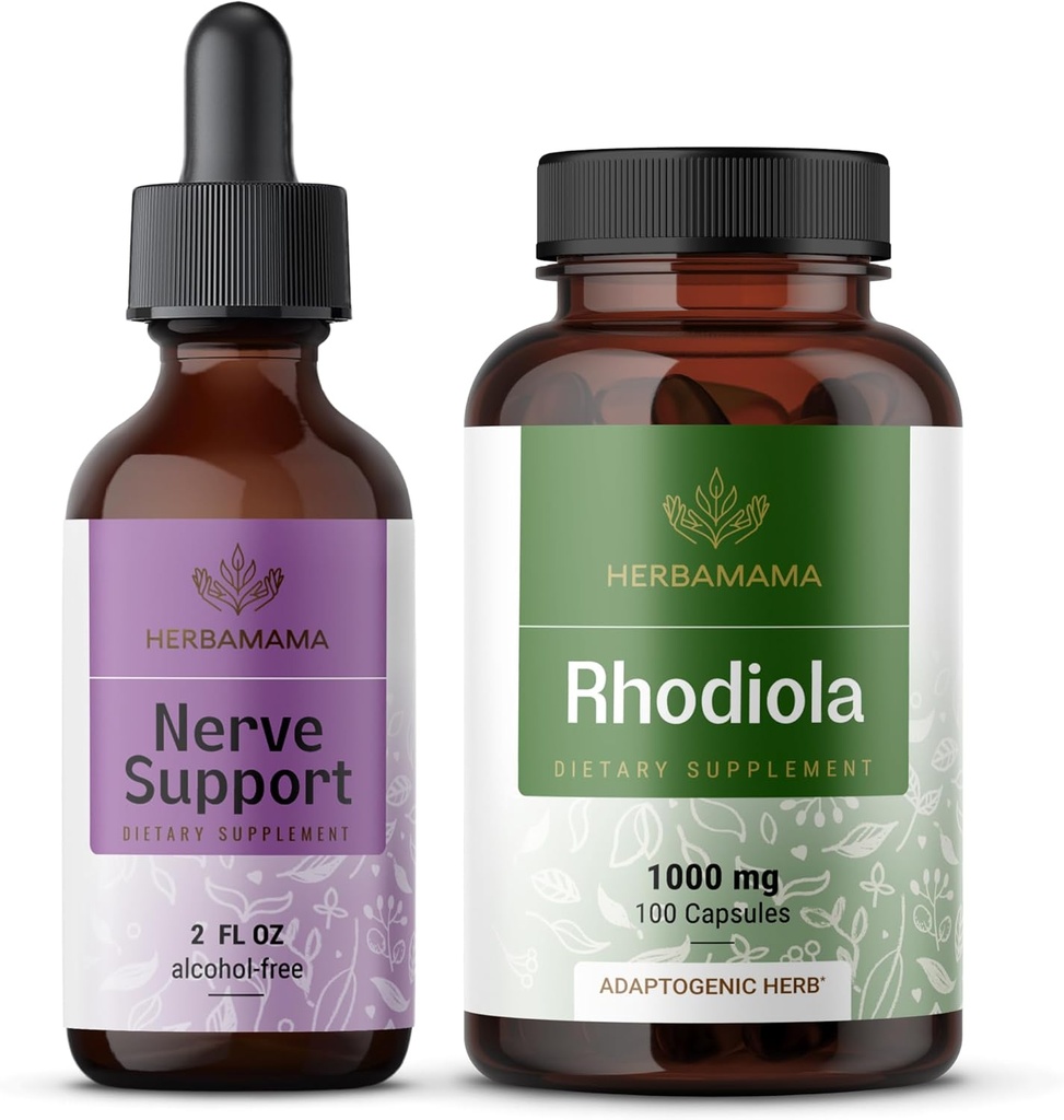 HERBAMAMA Nerve Support and Rhodiola Kit - Bundle of Nerve Support Liquid Complex 2 fl oz " Rhodiola Rosea Capsules - Vegan, Non-GMO, Sugar " Alcohol-Free, 2 Pack