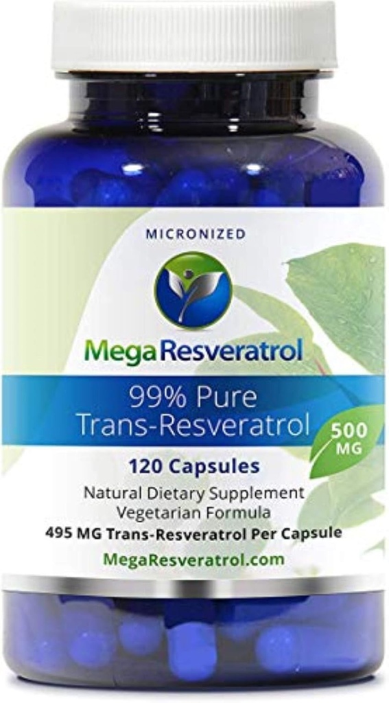 Mega Resveratrol, Grado Farmacéutico,99% Puro, Isolato, Trans-Resveratrol Micronizado, 120 Veggie Caps, 500 mg por cápsula. Pureza certificada. Absolutamente NO tóxicos "inactivos" ingredientes agregados.