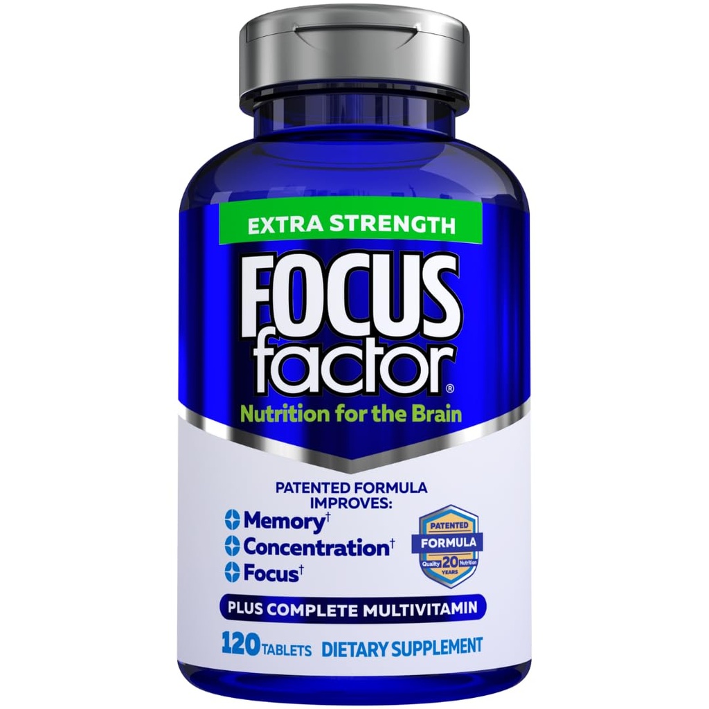 Factor de foco Adultos Extra Strength, 120 Conde - Suplemento Cerebro para Memoria, Concentración y Focus - Multivitamina completa con DMAE, Vitamina D, DHA - Vitaminas de Salud Confiada