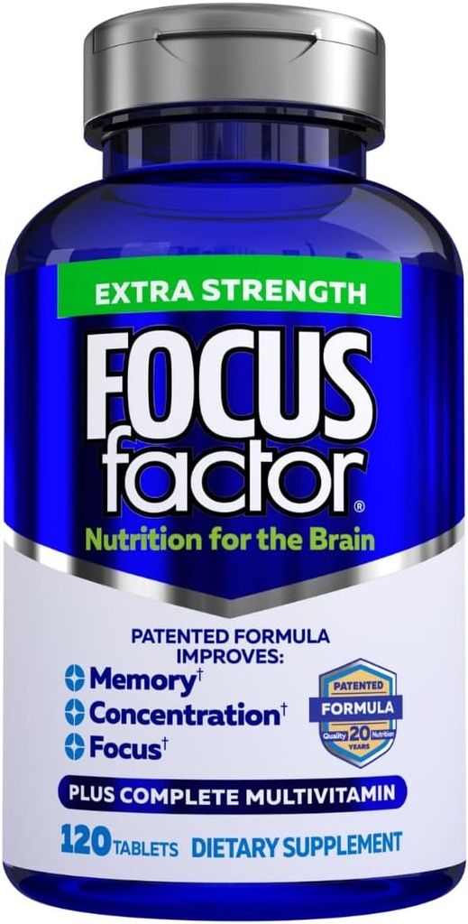 Factor de foco Adultos Extra Strength, 120 Conde - Suplemento Cerebro para Memoria, Concentración y Focus - Multivitamina completa con DMAE, Vitamina D, DHA - Vitaminas de Salud Confiada