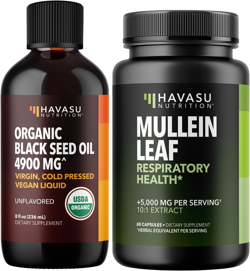 HAVASU NUTRITION Organic Black Seed Oil Liquid + Mullein Leaf Capsules Bundle
