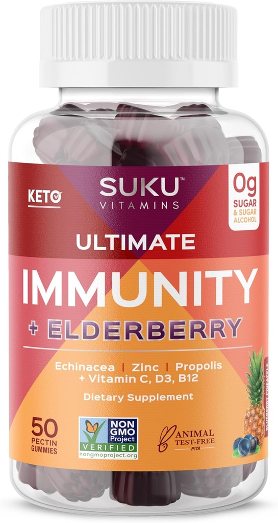 SUKU Vitaminas - Inmunity Ultimate - Elderberry Echinacea y Propolis Gummies para Immune Support, Easy to Chew - Non GMO, Gluten Sugar Gratis - Pomegranate Lime Flavored Gummy Vitamins, 50 Conde