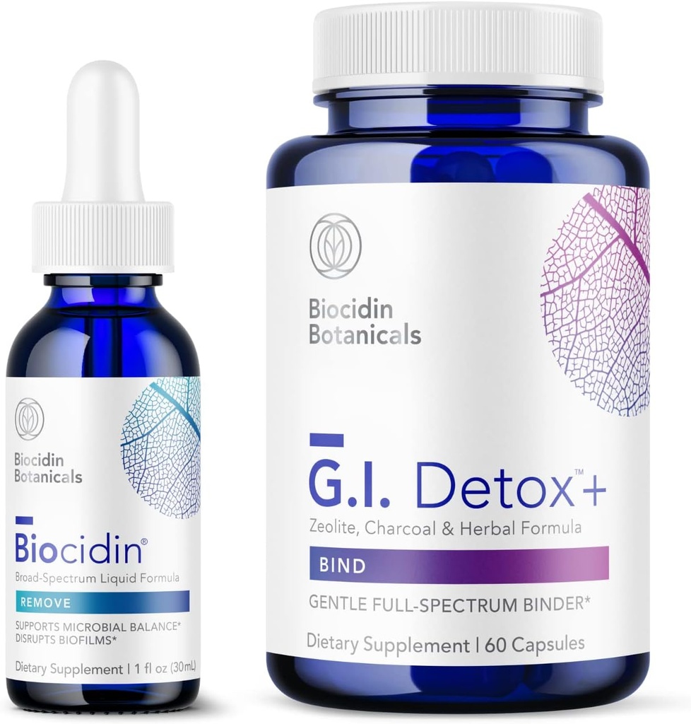 Bio-Botanical Research Biocidin Liquid Formula (1 oz) con GI Detox+ Gentle Binder - Dos productos Detoxification Bundle para apoyar la limpieza " Digestión - Asistencia en la eliminación de toxinas " Biofilm