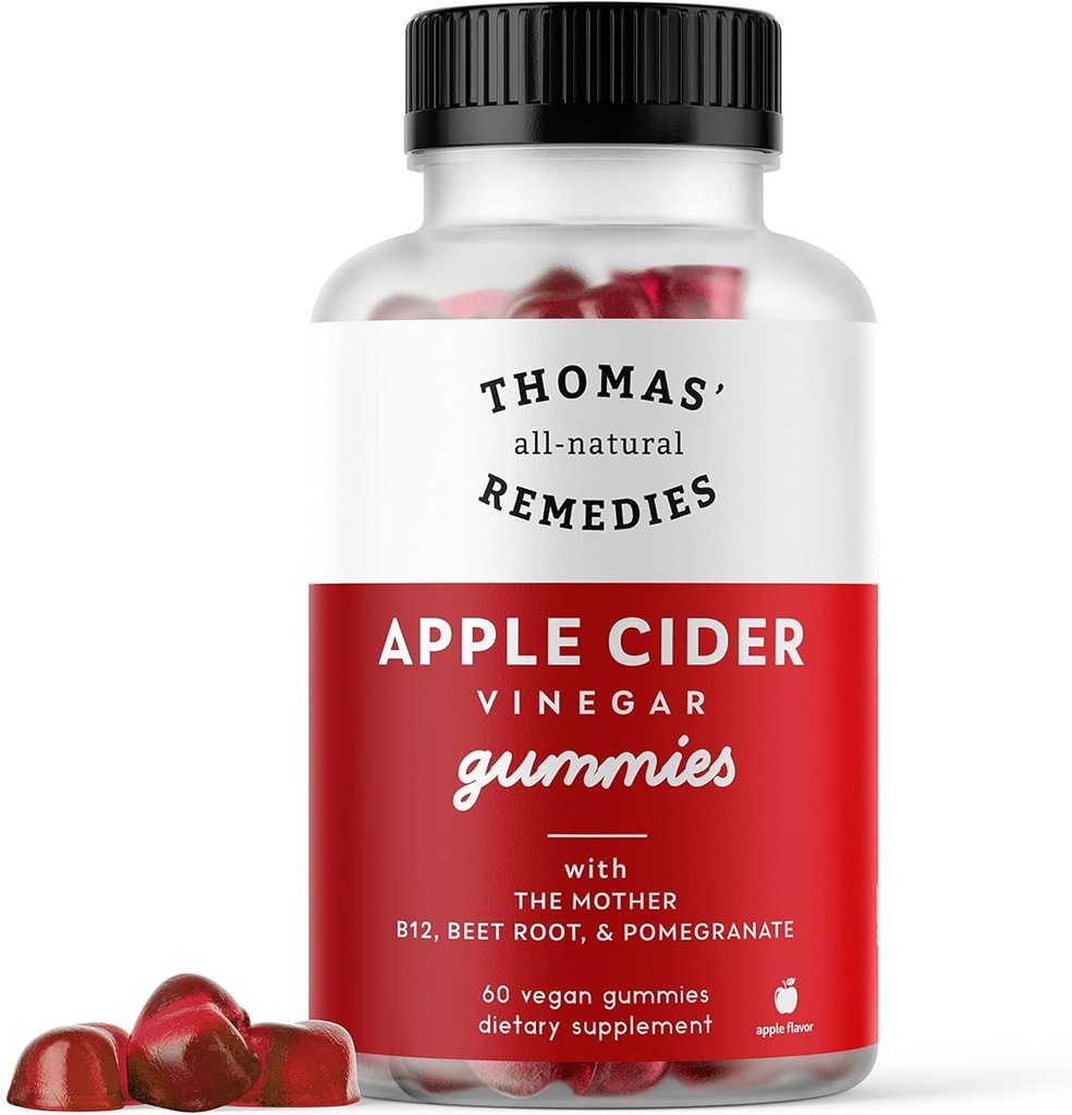 Remedios naturales de Thomas Mangas de vinagre de manzana con la madre, gomas de ACV 1000mg, bota de remolacha, granada, vitaminas B9 &amp; B12 Gummies, libre de gelatina, libre de gluten, vegano y no GMO (60 Conde)
