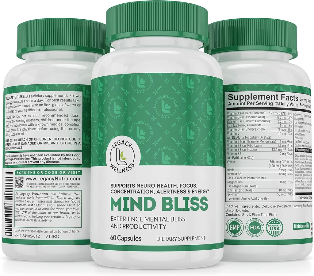Suplemento cerebral de la dicha mente: memoria de 40 ingredientes, vitaminas de Focus &amp; Clarity, energía de apoyo nootrópico con DMAE, 60 pastillas