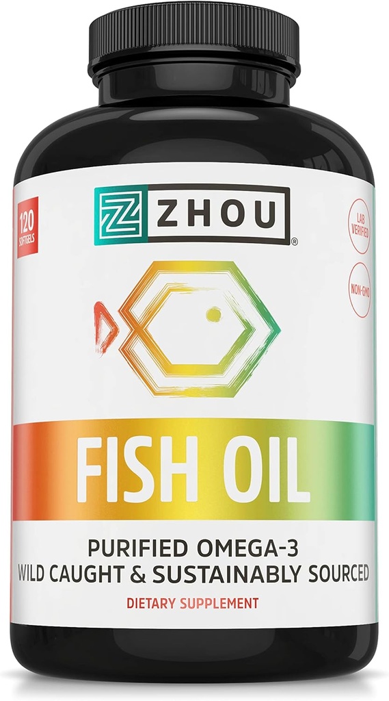 Zhou Fish Oil - Suplemento de aceite de pescado para Hombres, Omega 3 Fatty Acid, Fuente natural de DHA &amp; EPA para Adultos, Burpless, Puro, Corazón &amp; Salud Conjunta - 120 Softgels