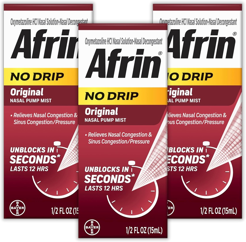 AFRIN No Drip Original Nasal Mist Triple Pack, Non-Drowsy, Fast-Acting Decongestant for Nasal Congestion and Sinus Pressure Relief, Adultos and Children 6 and Older, .5 fl oz (Pack of 3)