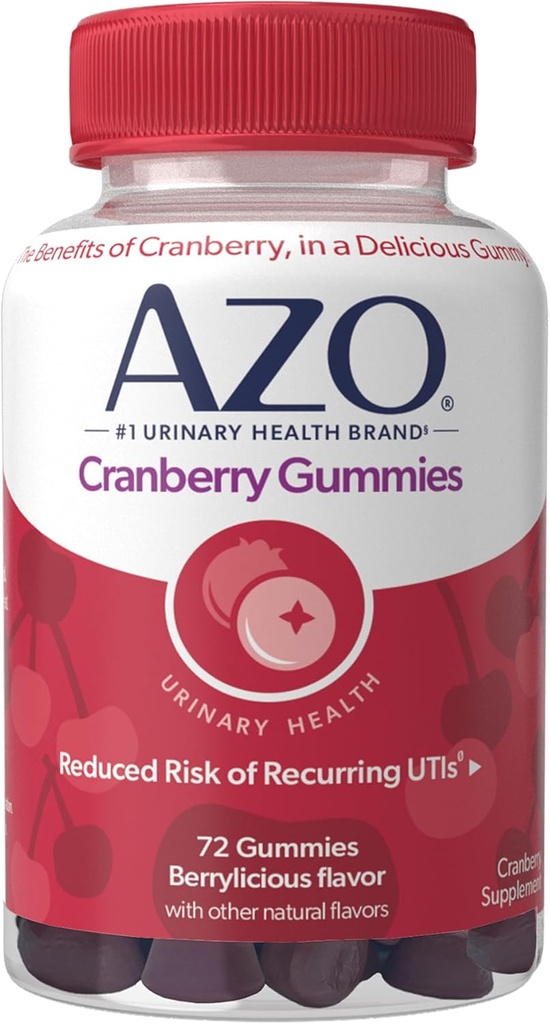 AZO Cranberry Urinary Tract Health Gummies Suplemento dietético, 2 Gummies = 1 vaso de jugo de arándano, ayuda a limpiar y proteger, sabor berrílico natural, no GMO, 72 Gummies