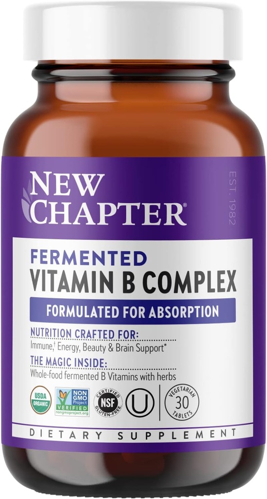 CAPÍTULO NUEVO Complejo de vitamina B fermentada orgánica 30 Cuenta, 30 TC