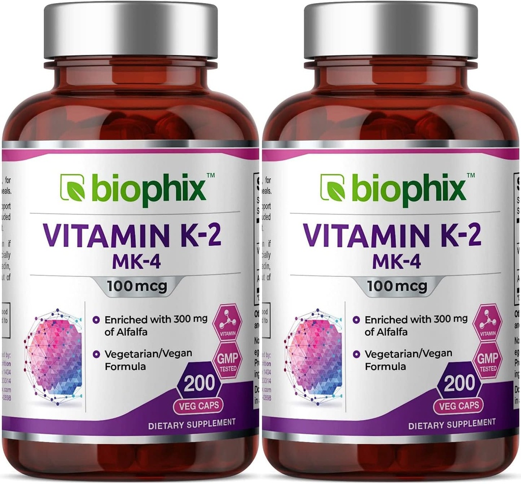 biofix Vitamina K2 MK-4-100 mcg 200 Caps con Alfalfa 2 Pack - Soportes Strong Bones Immune Health